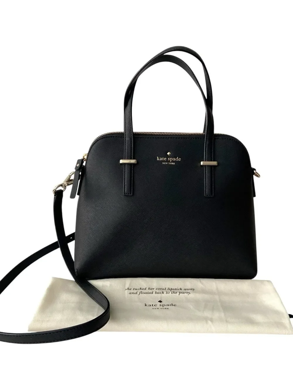 kate spade Black Leather Dome Satchel with Crossbody Strap